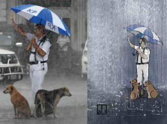 Αστυνομικός προστατεύει δύο σκυλιά κάτω από την ομπρέλα του
